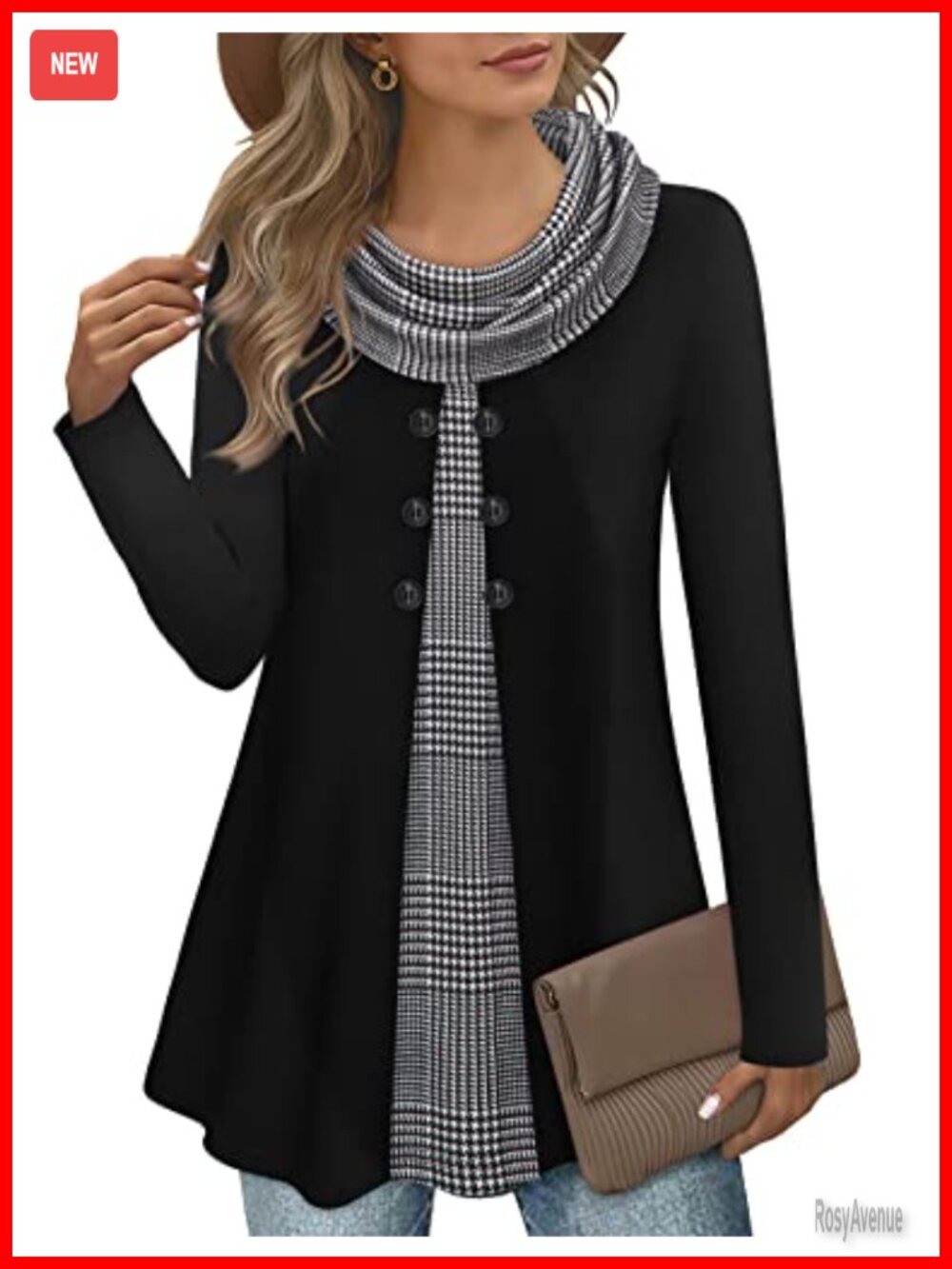 Womens Cowl Neck Tunic Top Long Sleeve Button Splicing Warm Winter Blouse